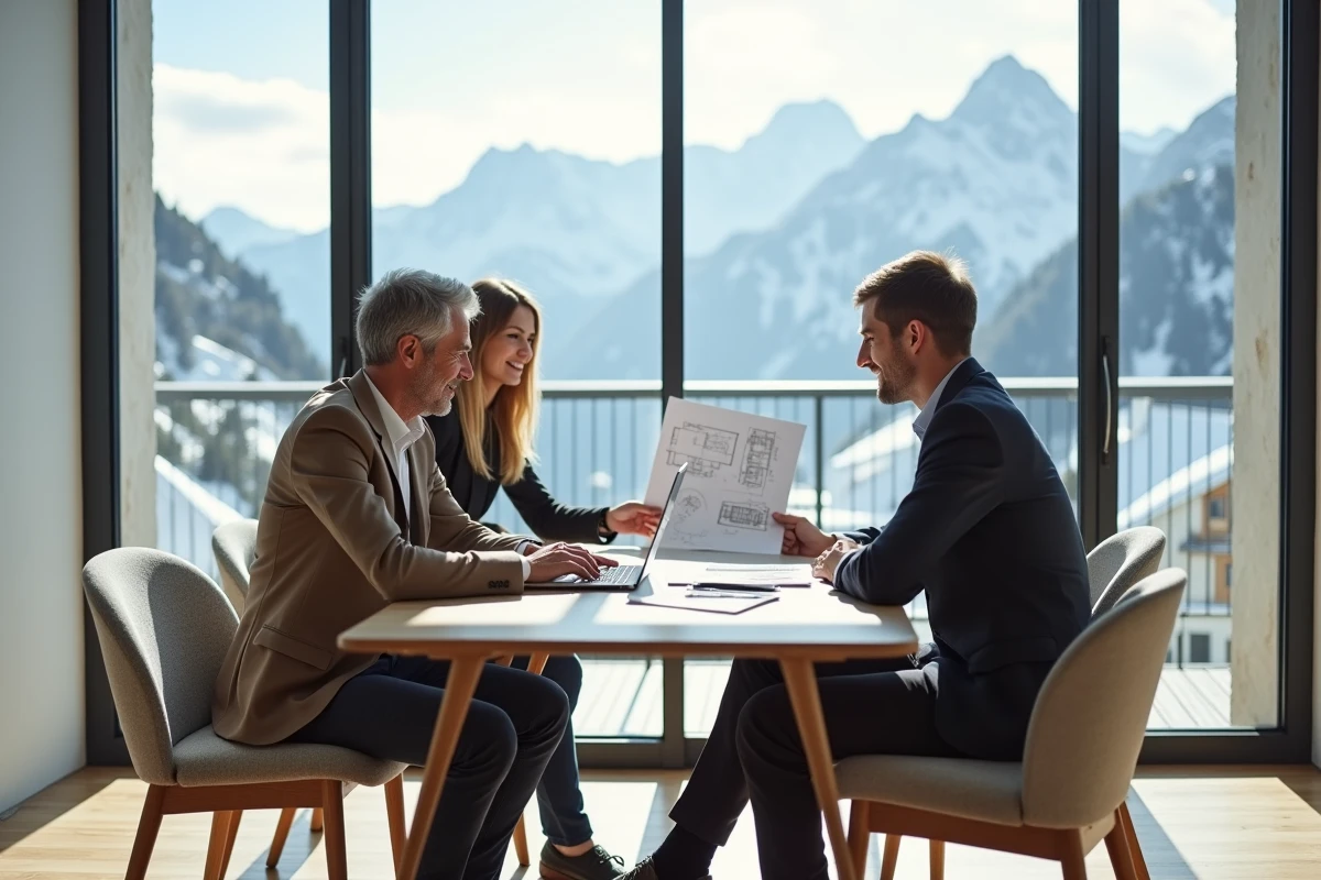 Couple consultant un agent immobilier dans un appartement moderne avec vue sur les montagnes en Andorre