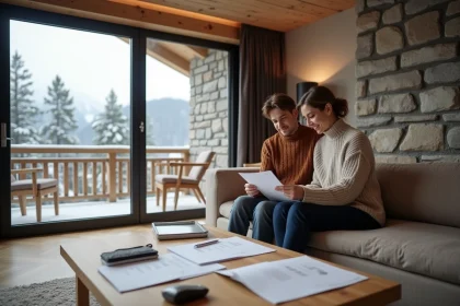 Couple examinant des documents immobiliers dans un appartement aux Menuires avec vue sur les pistes enneigées