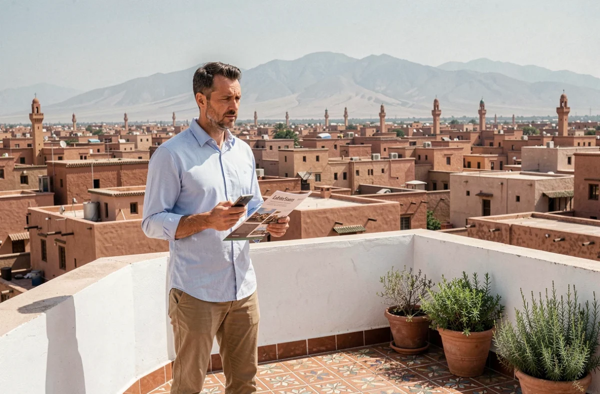 Acheteur français pensif sur la terrasse d'un riad de Marrakech contemplant la médina avec des documents immobiliers à la main