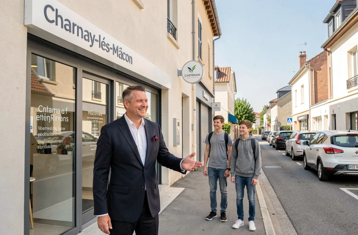 Agent de l'agence A.C.I. à Charnay-lès-Mâcon accueillant une famille devant les locaux modernes de l'agence