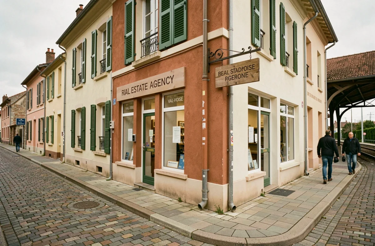 Devanture d'une agence immobilière proche d'une gare dans une ville du Val-d'Oise