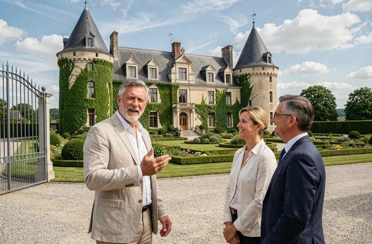Agent de l'Agence du Château à La Clayette présentant un château médiéval restauré à des clients en Saône-et-Loire
