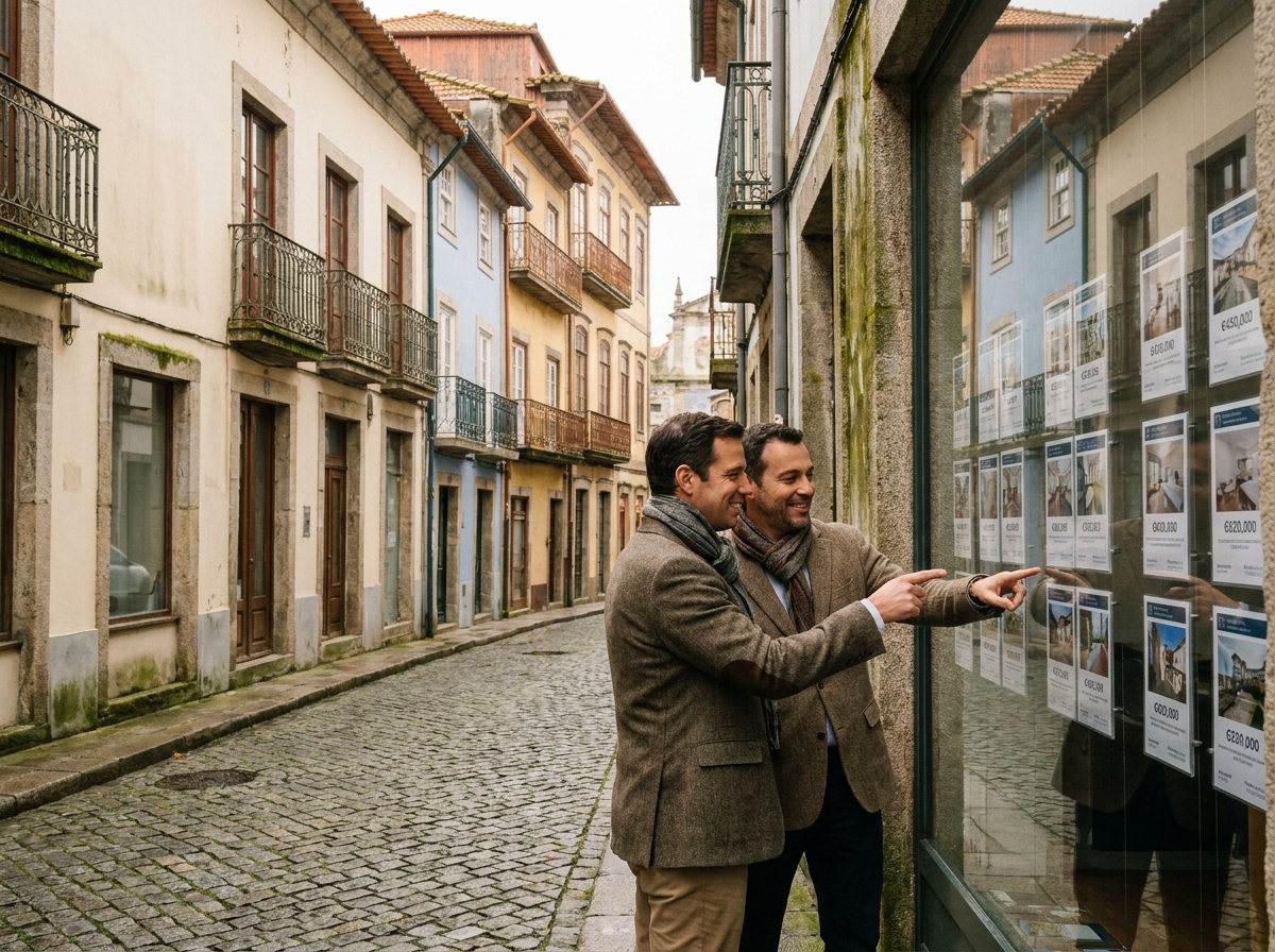 Couple français devant une agence immobilière dans une vieille rue européenne pavée, consultant des annonces de biens à acheter en 2026