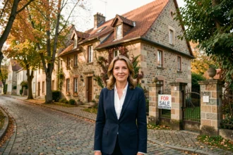 Agent immobilière devant une maison en pierre de Saône-et-Loire représentant le marché immobilier régional