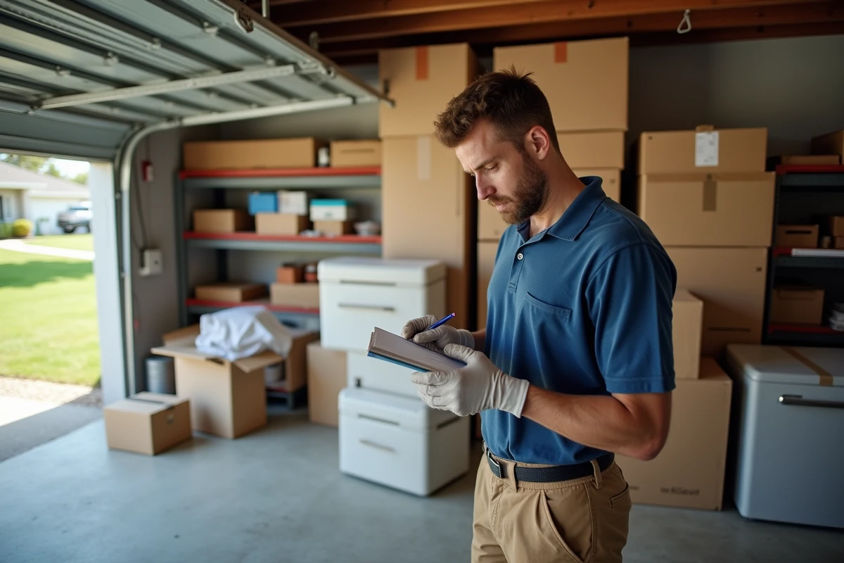 Agent de déménagement vérifiant une liste dans un garage