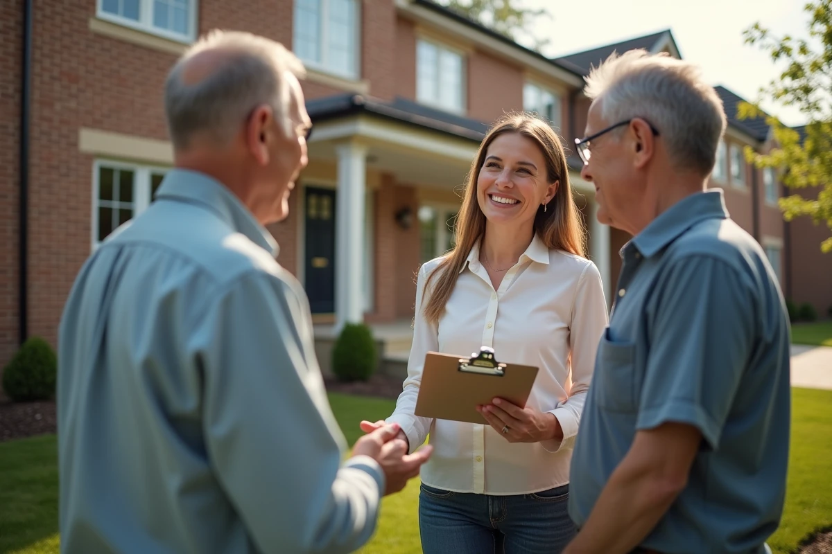 Jeune agente immobiliere accueillant un couple devant maison