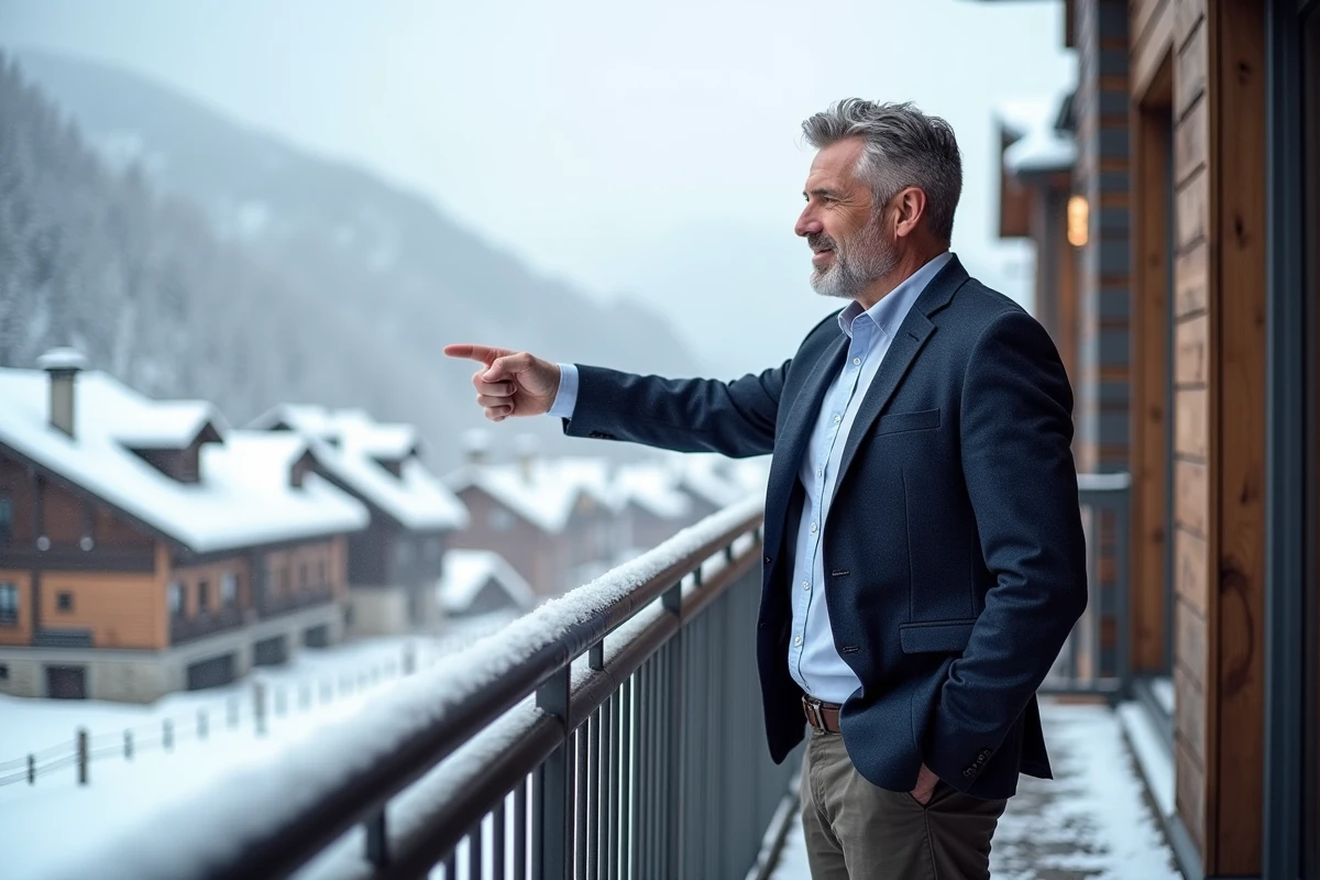Agent immobilier sur le balcon d'un appartement aux Menuires montrant la vue sur le domaine skiable des Trois Vallées