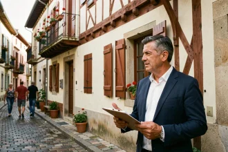 Agent immobilier devant une façade basque traditionnelle à Bayonne pour un investissement immobilier en 2026