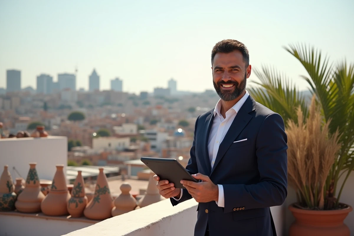 Agent immobilier sur une terrasse à Marrakech comparant les quartiers Guéliz et Hivernage pour un achat d'appartement