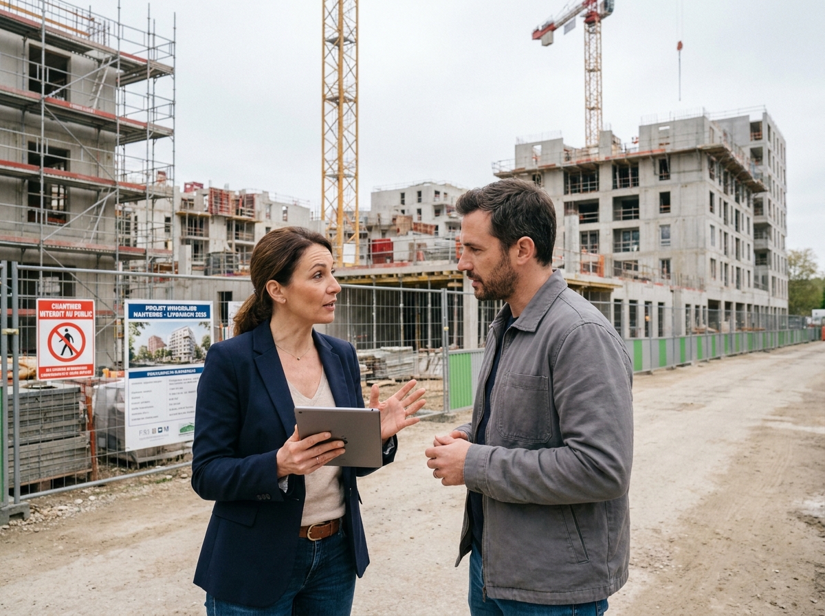 Agent immobilier et acheteur devant un chantier de programme neuf à Nanterre