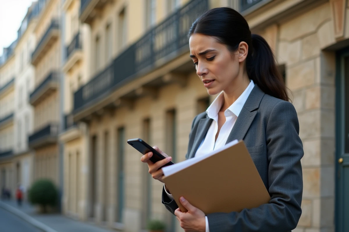 Femme agent immobilier préoccupée consultant des documents devant un immeuble haussmannien lors d'une vente bloquée