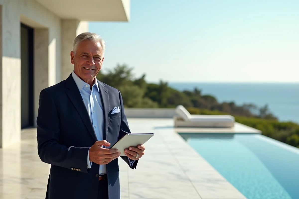 Agent immobilier souriant sur terrasse face à la mer