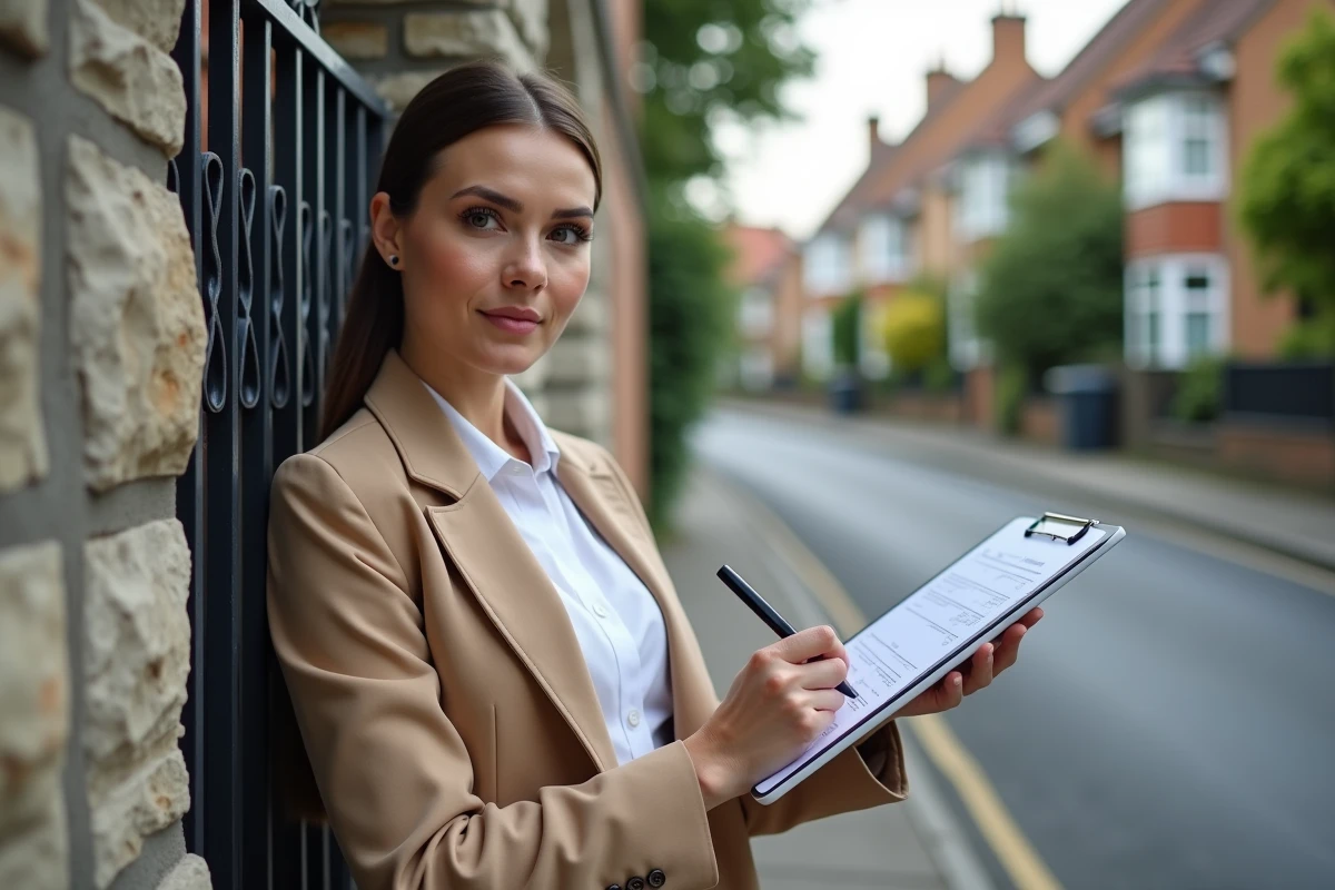 Agente immobilière évaluant une propriété résidentielle en pierre sur une rue pavillonnaire avec une tablette numérique