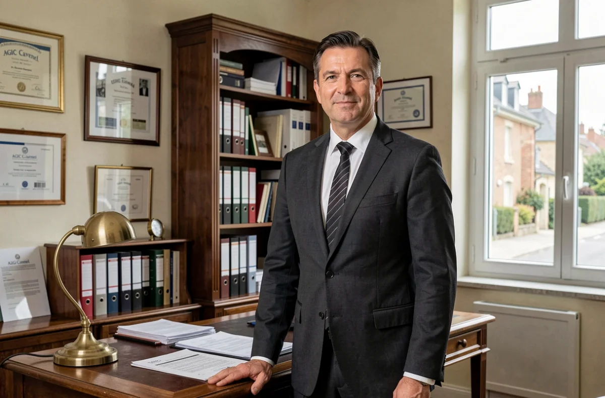 Agent de l'agence AGIC Cavenel dans son bureau professionnel aux meubles en bois foncé dans le Val-d'Oise