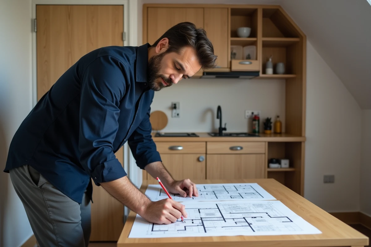 Homme analysant les plans d'un studio pour vérifier la conformité de la surface loi Carrez