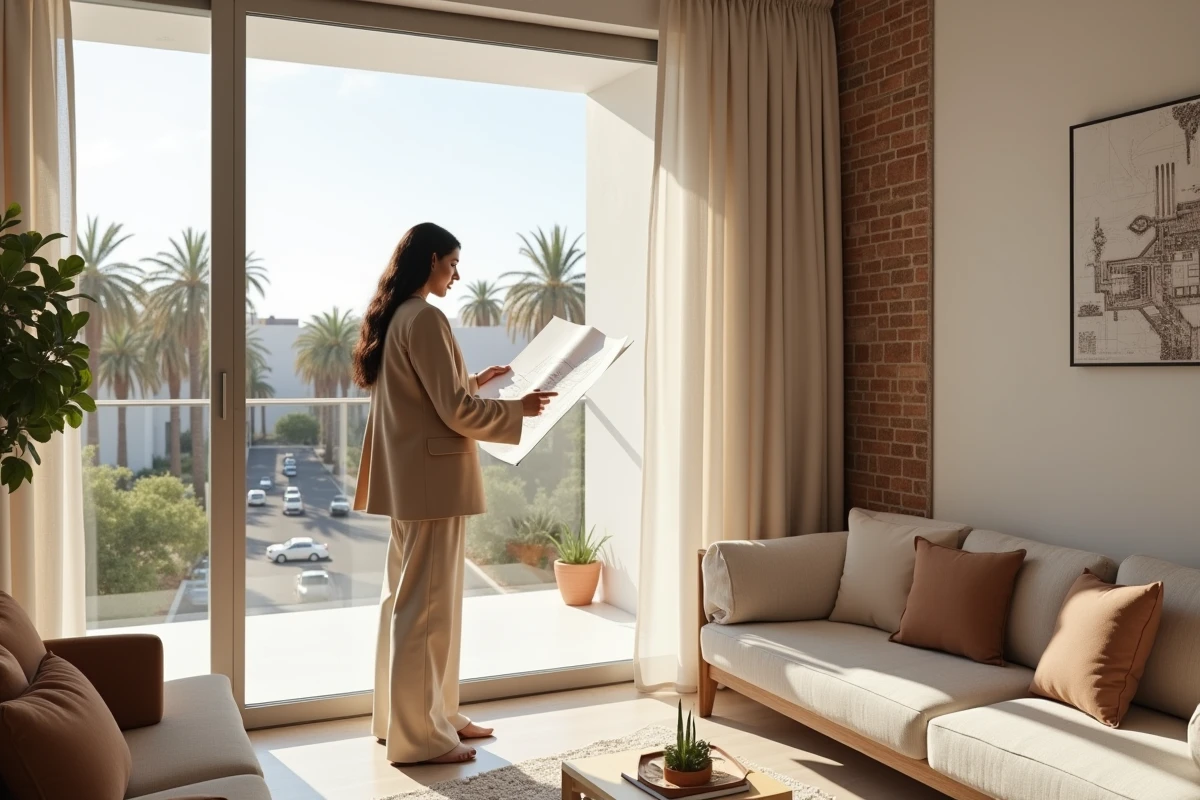 Femme consultant des plans dans un appartement moderne à vendre à Guéliz, Marrakech, avec vue sur la ville