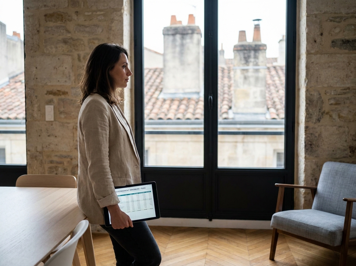 Femme française analysant un investissement immobilier sur tablette dans un appartement européen rénové avec vue sur les toits de la ville