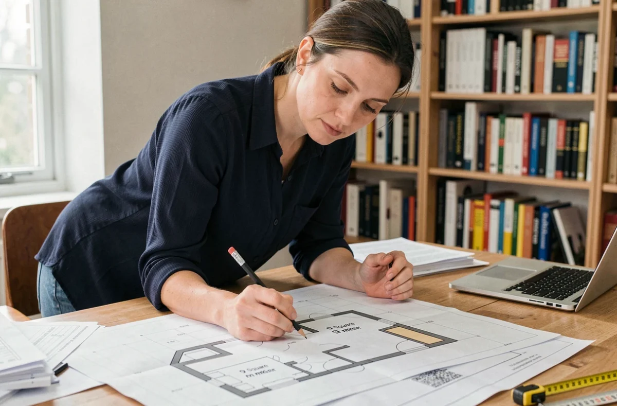 Architecte d'intérieur examinant des plans de maison avec une chambre inférieure à 9m2