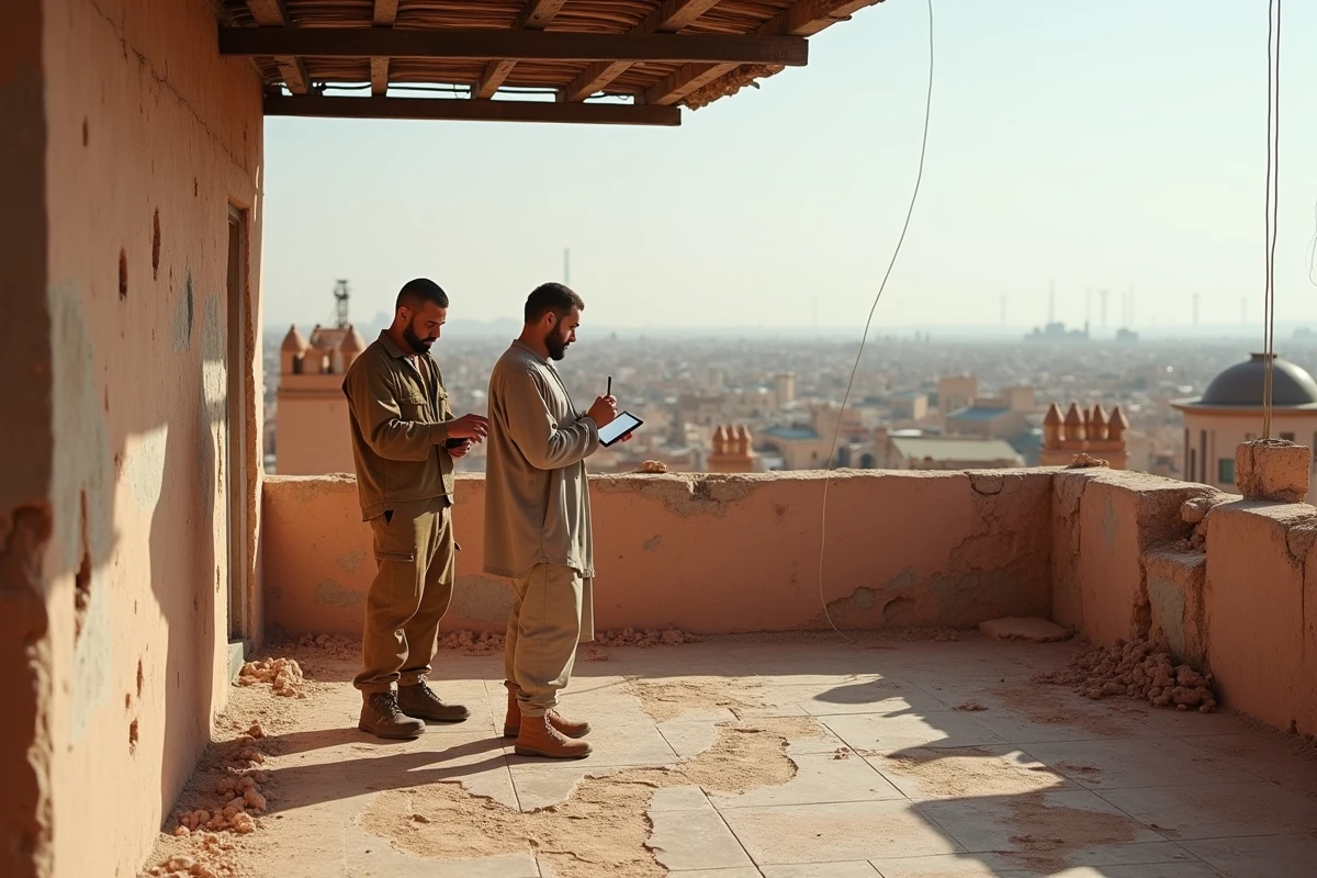 Artisans marocains évaluant les travaux de rénovation sur le toit-terrasse d'un riad dans la médina de Marrakech