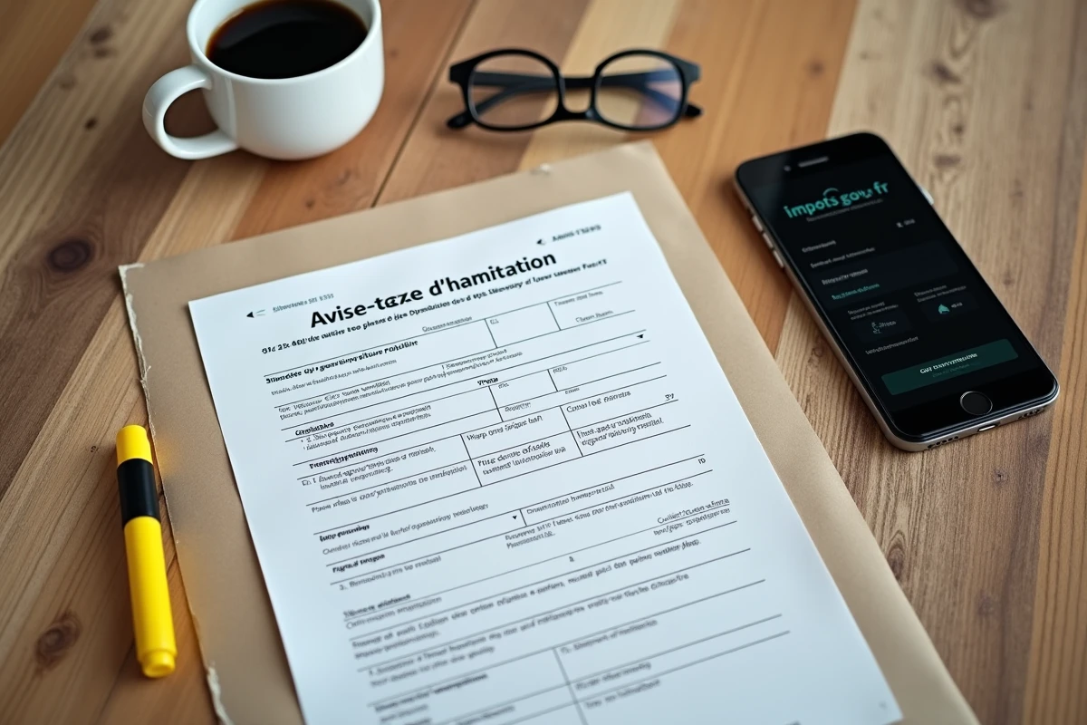 Vue aérienne d'un avis de taxe d'habitation pour résidence secondaire posé sur une table en bois avec lunettes et smartphone affichant le site impôts.gouv.fr