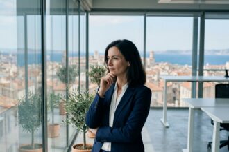 Femme d'affaires dans un bureau moderne de Marseille avec vue sur la mer Méditerranée
