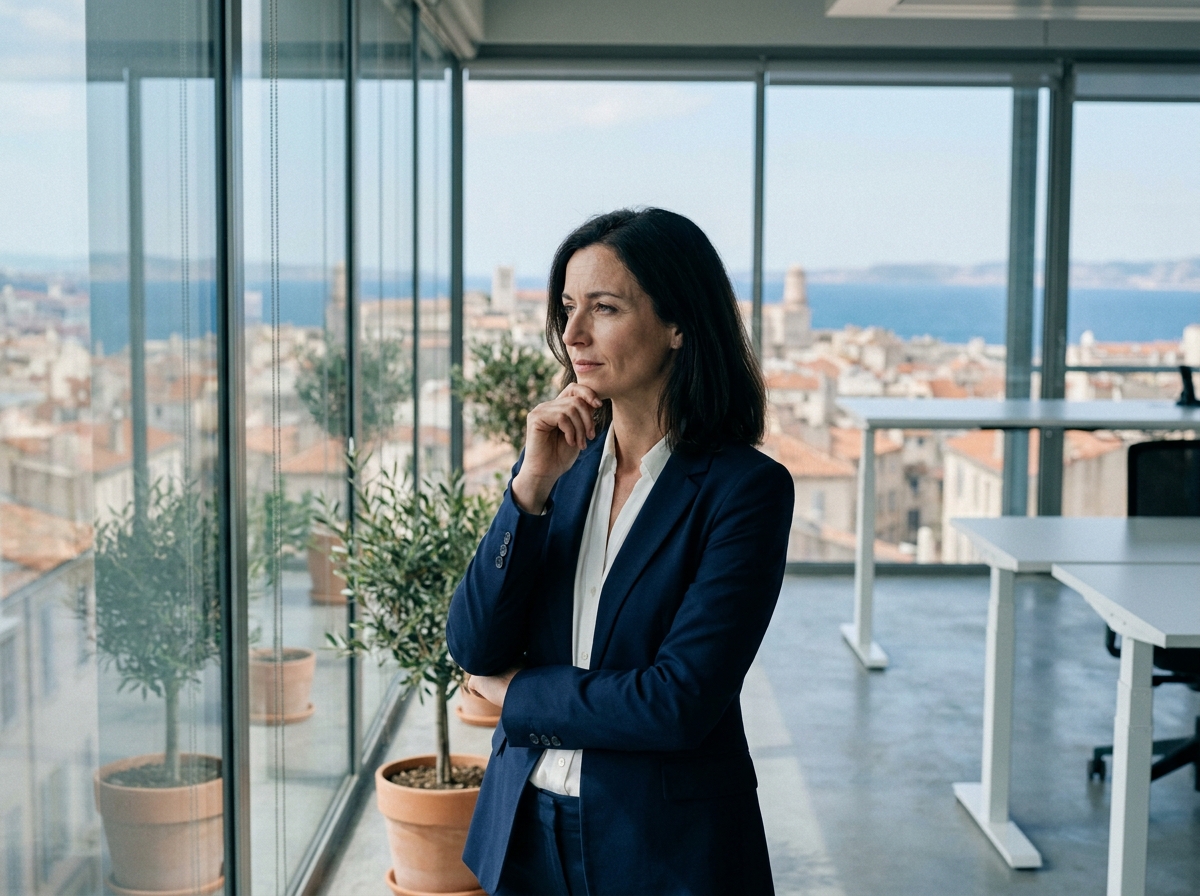 Femme d'affaires dans un bureau moderne de Marseille avec vue sur la mer Méditerranée