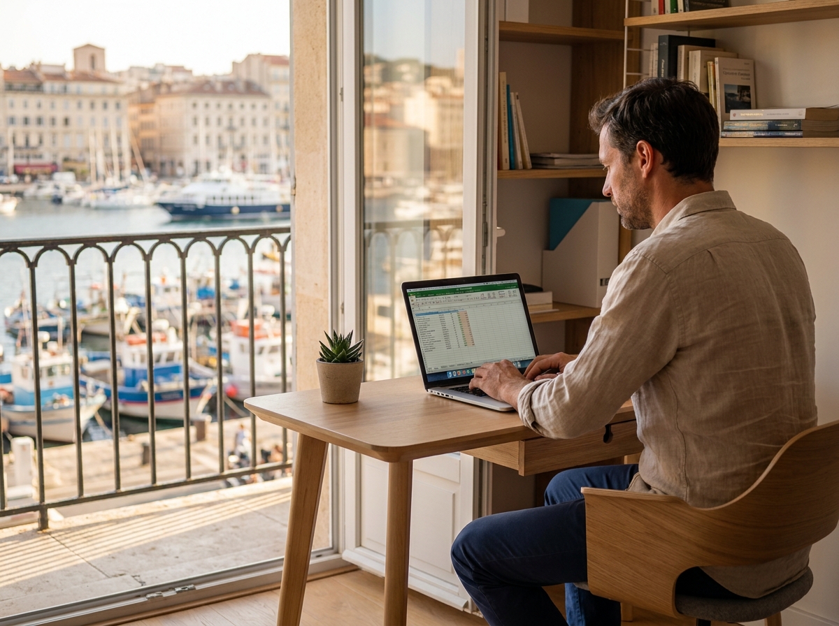 Entrepreneur travaillant seul dans un bureau avec vue sur le Vieux-Port de Marseille