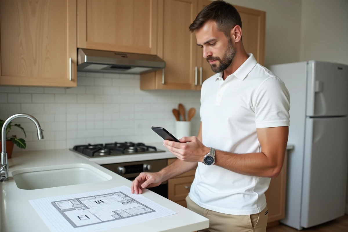 Homme utilisant une application calculatrice de surface sur smartphone avec un plan de logement
