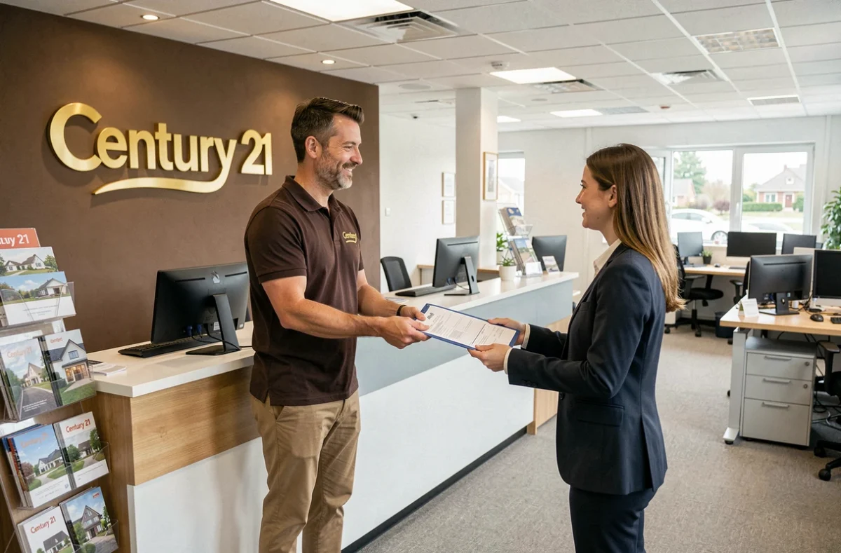Agent Century 21 du réseau Val-d'Oise remettant un dossier locatif à une cliente dans l'agence