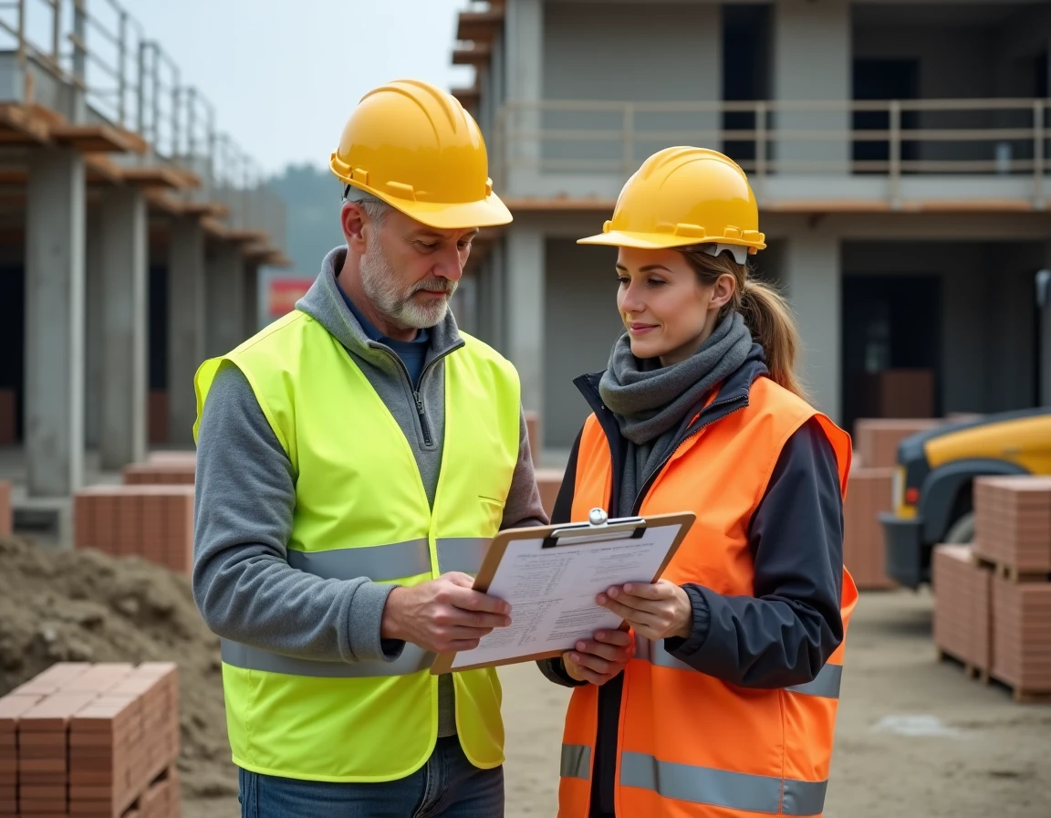 Chef de projet et ingénieure sur chantier consultant un document de révision de prix basé sur l'index BT47