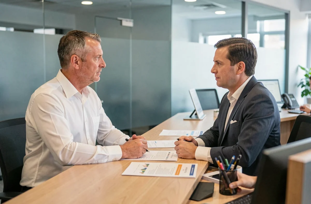 Client discutant d'un contrat de service LOC avec un conseiller dans une réception d'entreprise professionnelle