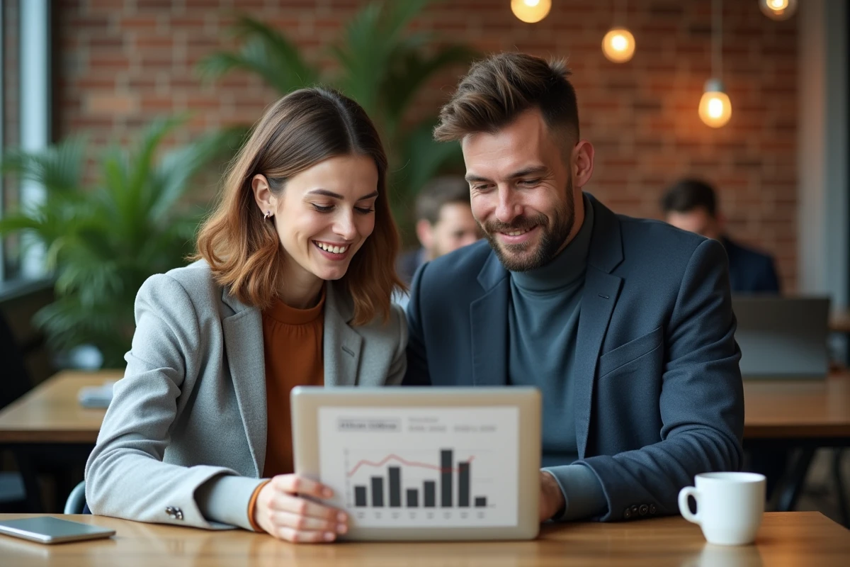 Deux collègues analysant ensemble les résultats d'annonces en ligne dans un espace de coworking moderne
