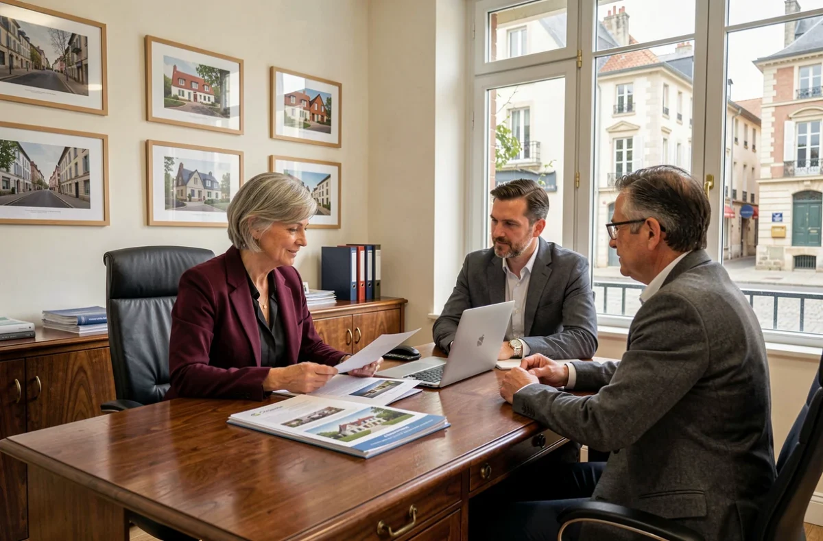 Agente de Collier Immobilier en consultation avec des clients dans les bureaux de l'agence à Chalon-sur-Saône