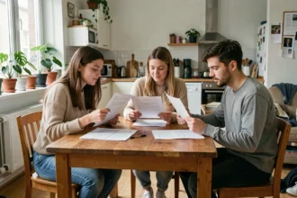 Trois colocataires jeunes adultes examinent leurs contrats de bail individuel autour d'une table en bois dans un appartement partagé