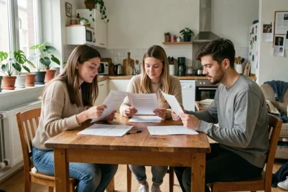 Trois colocataires jeunes adultes examinent leurs contrats de bail individuel autour d'une table en bois dans un appartement partagé