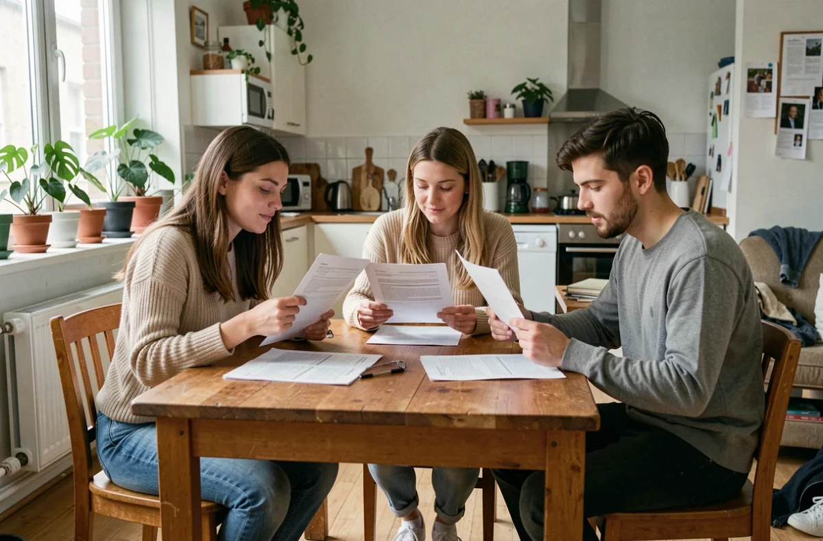 Trois colocataires jeunes adultes examinent leurs contrats de bail individuel autour d'une table en bois dans un appartement partagé