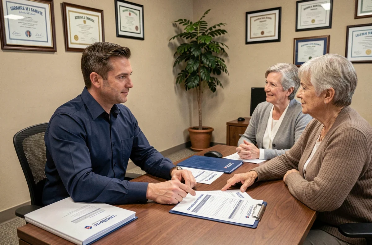 Conseiller en assurance présentant une estimation de prix à un couple dans une agence professionnelle