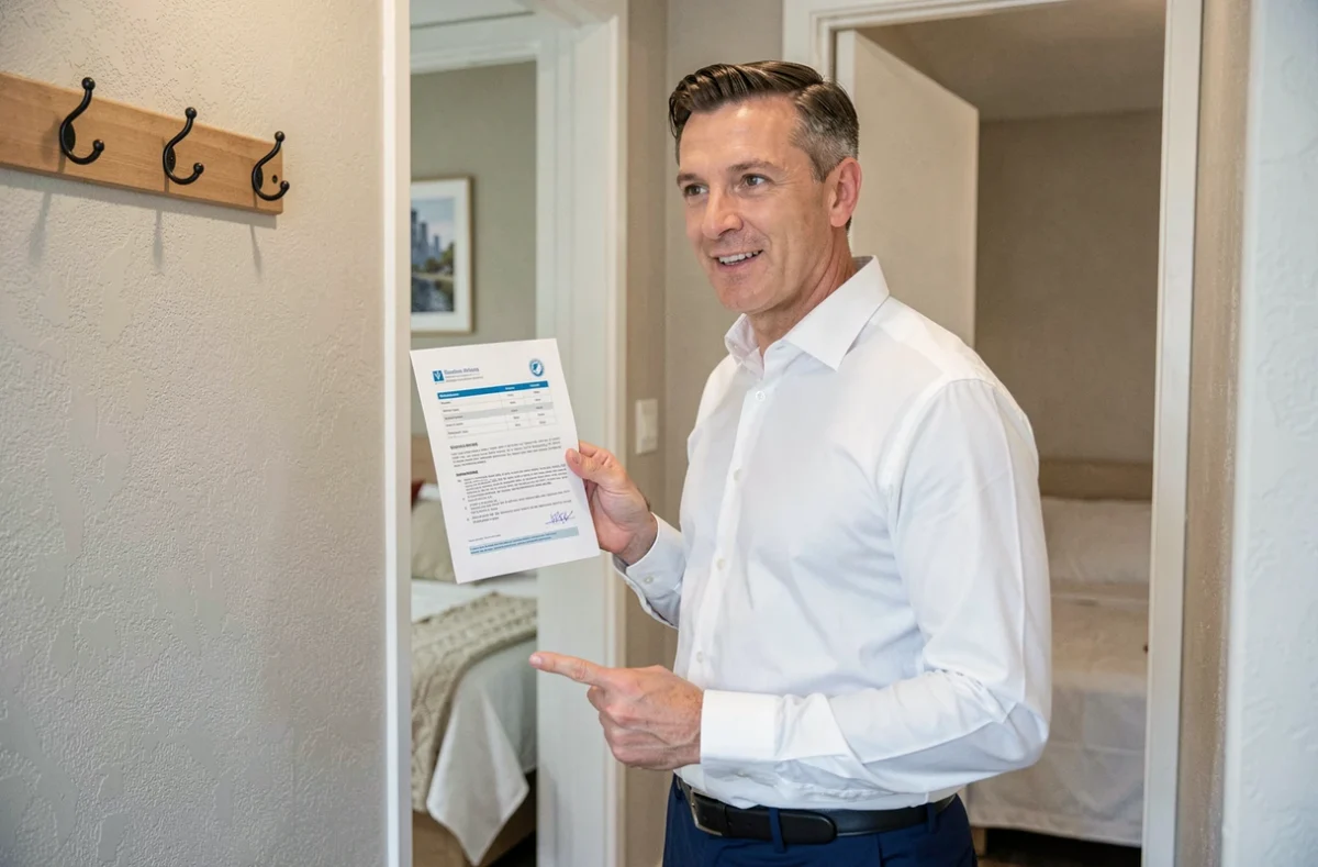 Conseiller en assurance présentant une offre d'assurance habitation locataire dans un couloir d'appartement