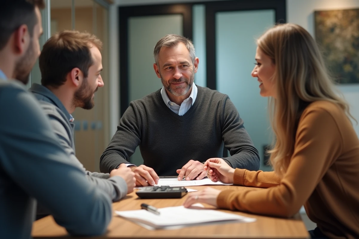 Conseiller en prêt immobilier expliquant calculs à un couple
