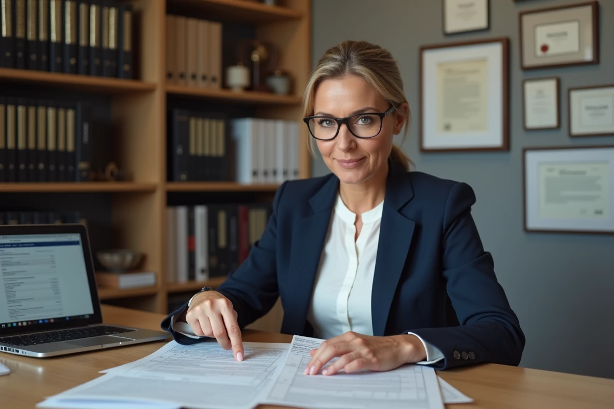 Conseillère fiscale expliquant la réglementation de la taxe d'habitation sur une résidence secondaire dans un bureau professionnel en France