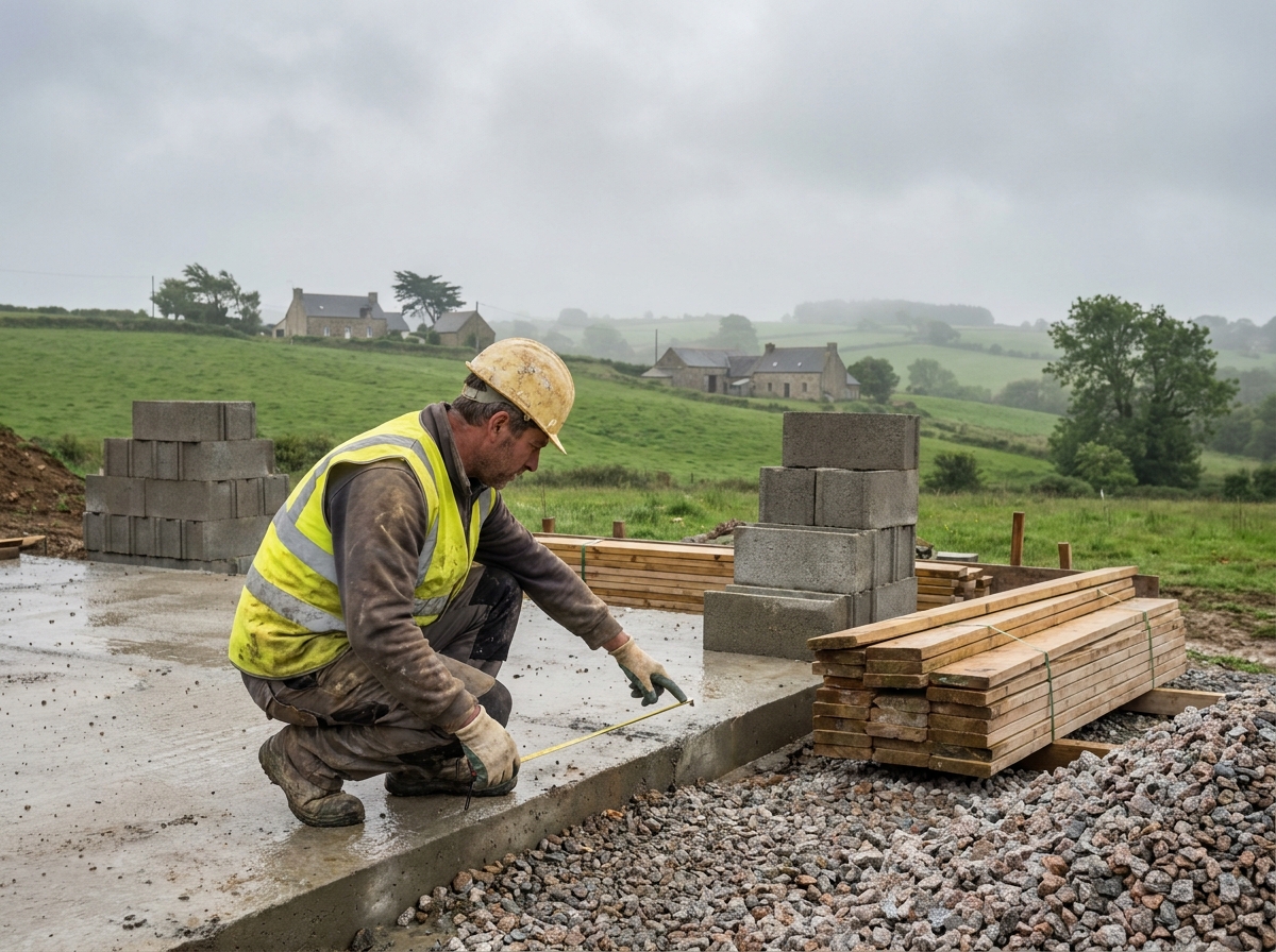 Ouvrier inspectant les fondations d'une construction de maison neuve en Bretagne
