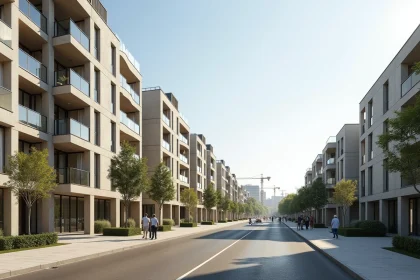 Vue de rue du quartier Convergence 94 à Alfortville avec immeubles modernes et résidents en 2026
