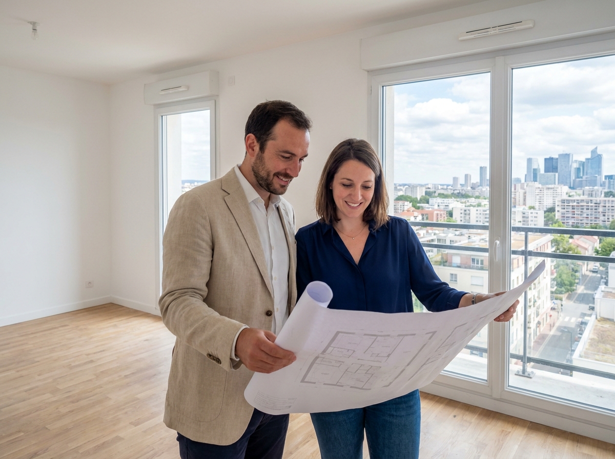 Couple visitant un appartement neuf à Nanterre avec vue sur La Défense en 2026