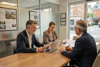 Couple en discussion avec un agent immobilier dans une agence pour financer un investissement locatif avec BAIL IMMO NORD