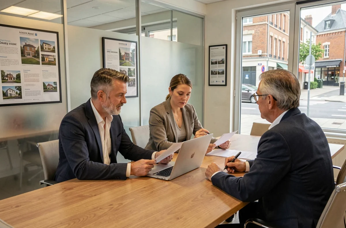 Couple en discussion avec un agent immobilier dans une agence pour financer un investissement locatif avec BAIL IMMO NORD