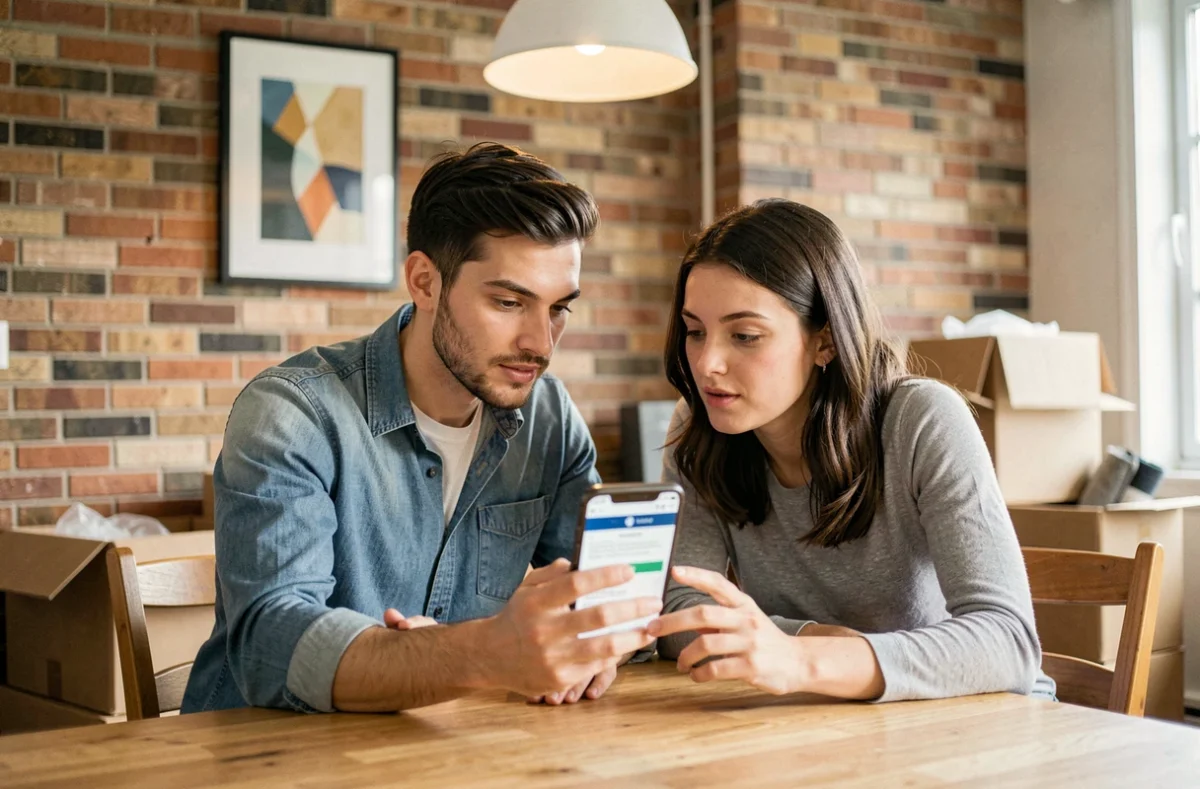 Couple souscrivant une assurance habitation en ligne sur smartphone dans leur nouvel appartement