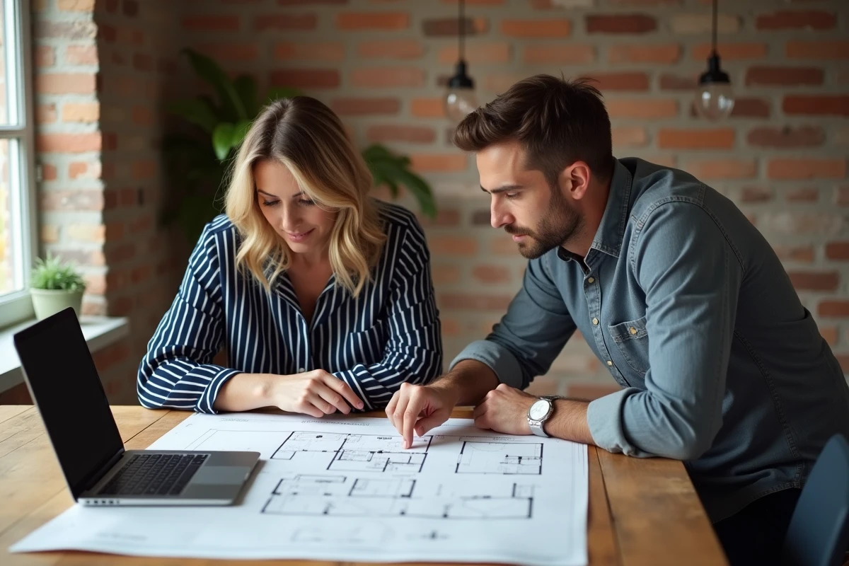 Couple consultant des plans et une calculatrice de mètres carrés sur ordinateur portable pour leur logement