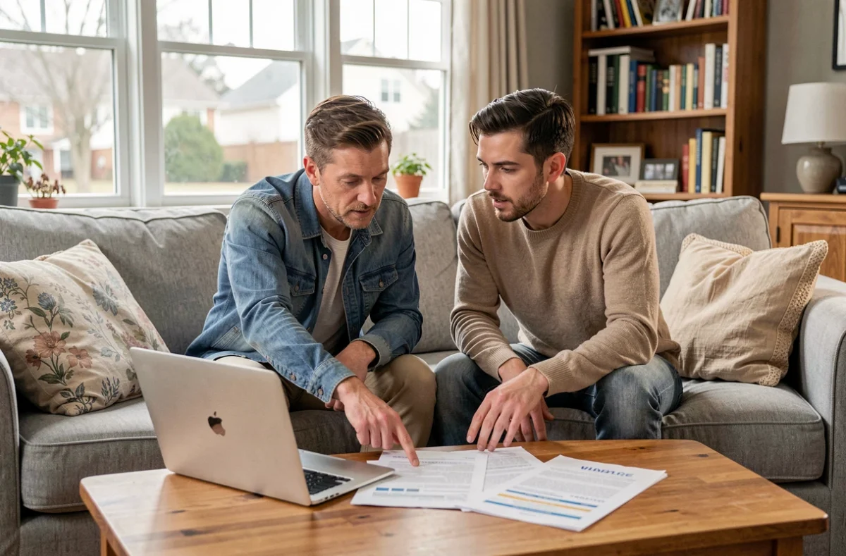 Couple comparant des offres d'assurance habitation sur un ordinateur portable dans leur salon