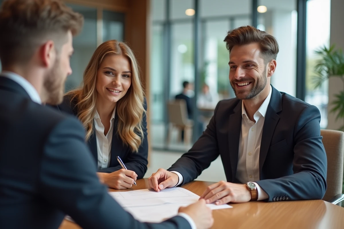 Couple rencontrant un conseiller financier en banque moderne