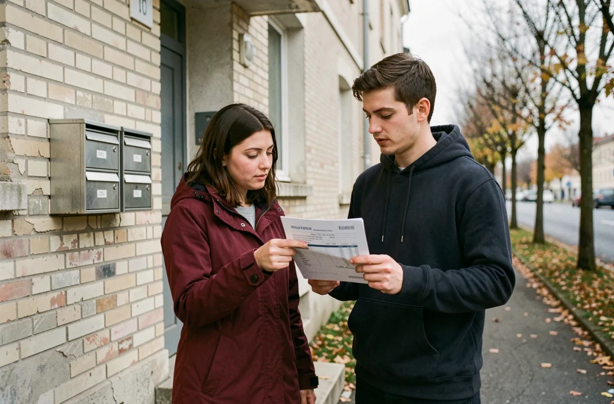 Couple lisant un devis d'assurance habitation devant leur immeuble à Aulnay-sous-Bois